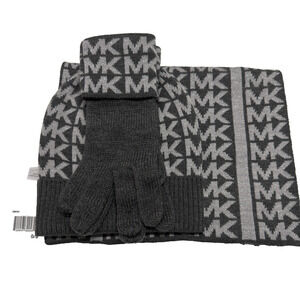 Michael Kors Scarf Hat Gloves 3 Piece Set Womens Gray Metallic MK Logo NWT